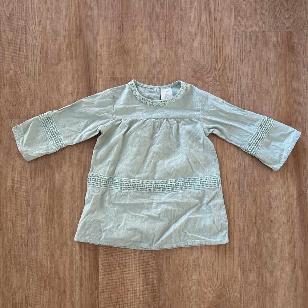 Mint Green Cotton Long Sleeve Dress with Crochet Detailing